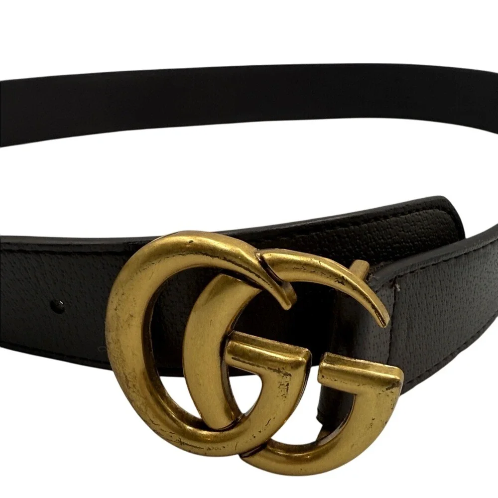 Gucci GG Marmont Belt Beige Canvas Brown Leather Gold GG Buckle Women's SZ 80CM‎